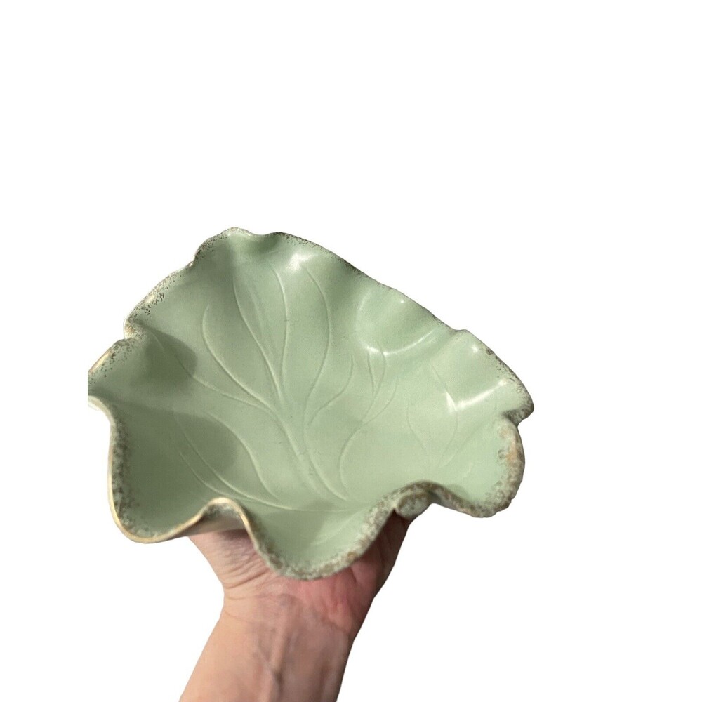 California USA 1950s Mint Green Leaf Ceramic Dish With Splattered Gold Rim
